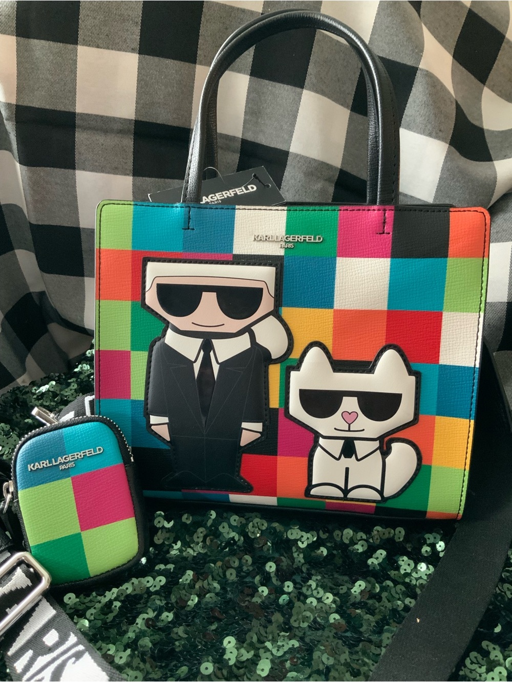 Karl Lagerfeld Bright Multicolor Checkered Tote with Matching Pouch